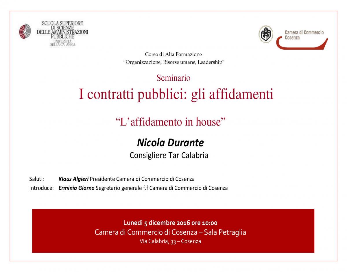 Locandina 5 dicembre 2016 - L'affidamento in house - Dr. Nicola Durante